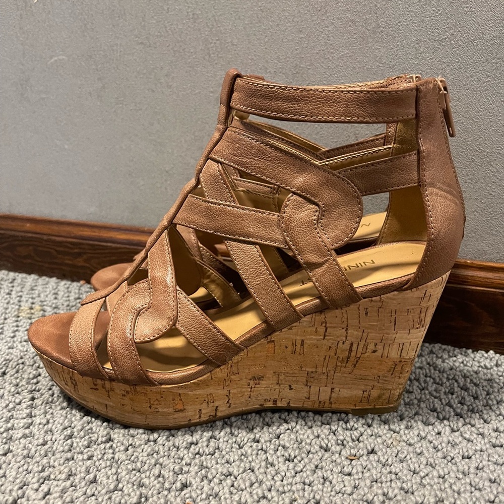 Nine West wedge sandals, tan, size 8.5, lightly worn